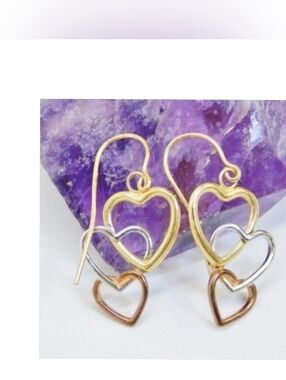 10K Solid Gold Open Hearts Dangle Drop Earrings Yellow Rose White Gold Israel